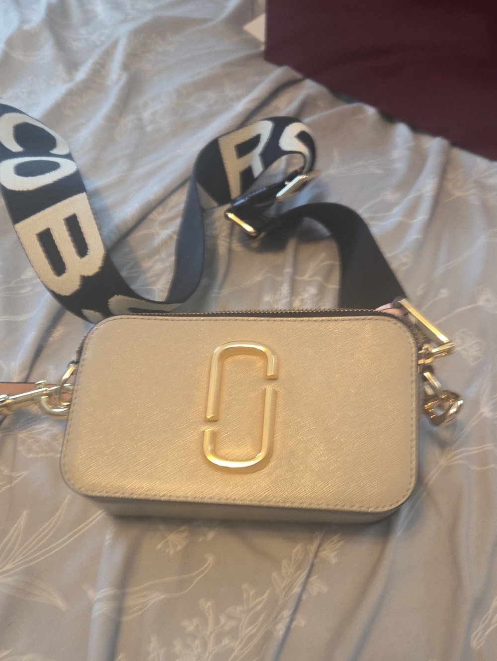 Marc Jacobs Gold Camera Crossbody with Branded Black Strap